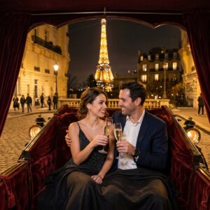 Best Places to See the Eiffel Tower by Night couple sitting in carriage paris 202604301253